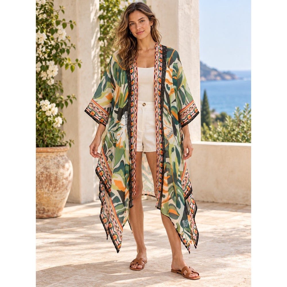 Vince Camuto Tropical Geometric Sheer Kimono Womens One Size Multicolor